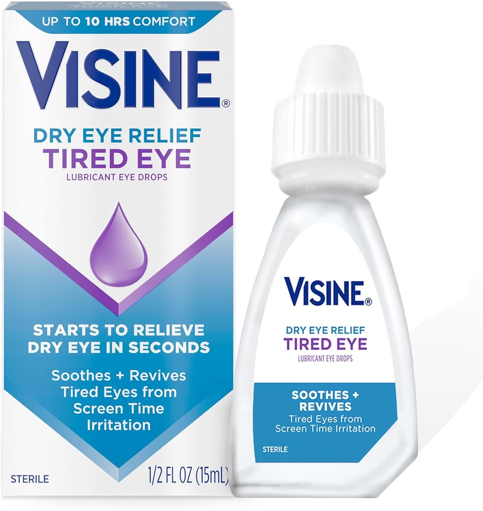 Visine Dry Eye Relief Unavené oční lubrikantní oční kapky, Moisturising & Soothing sterilní kapky pro podrážděné, suché a unavené oči Vzhledem k času obrazovky Irritation, Polyethylenglykol, 0.5 f. oz