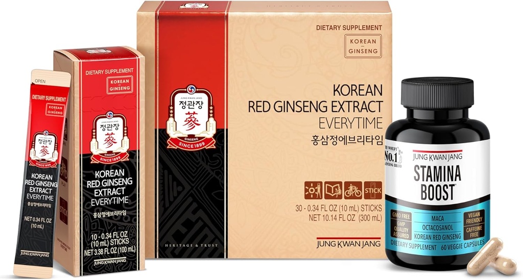 JUNG KWAN JANG Korean Red Panax Ginseng Energy Bundle - Extract Everytime 3000mg Sticks (30 Count) & Men 's Stamina Boost for Daily Vitality (60 Kapsle)