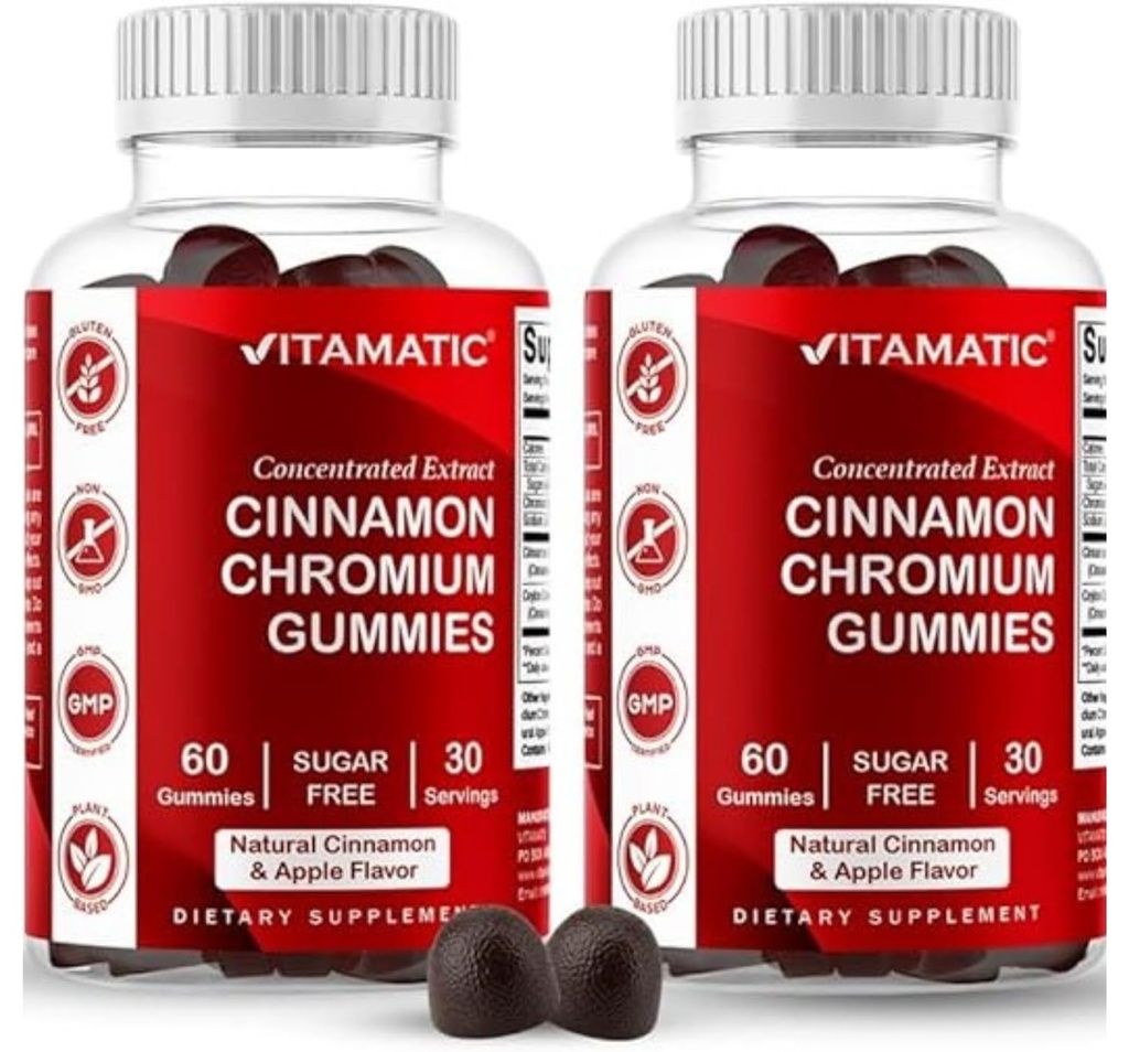 Vitamatic Sugar- Free Chromium Gummies with Ceylon Cinnamon - 2000 mg Ekvivalentní Per Serving (from Extract 83 mg) - Non- GMO, Gluten- Free - 60 Vegan Gummies - 2 Pack