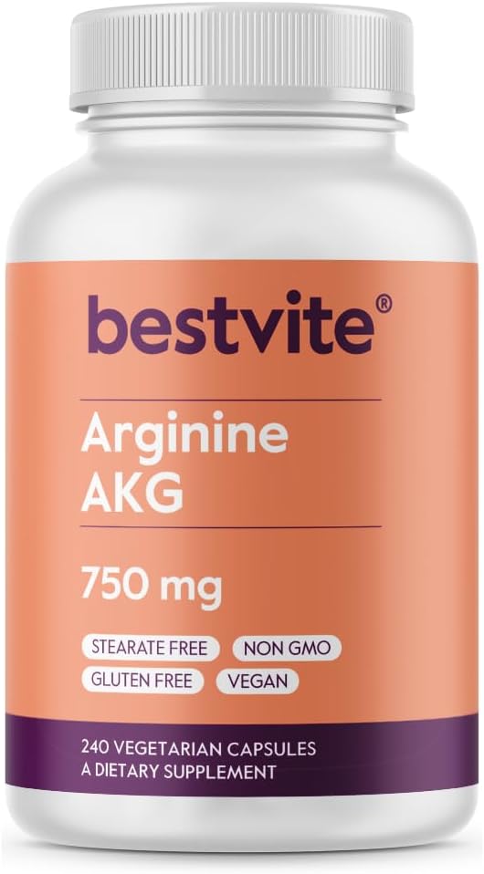 BESTVITE Arginin AKG 750mg (240 Vegetariánských kapslí) - No Stearates - Vegan - Non GMO - gluten zdarma