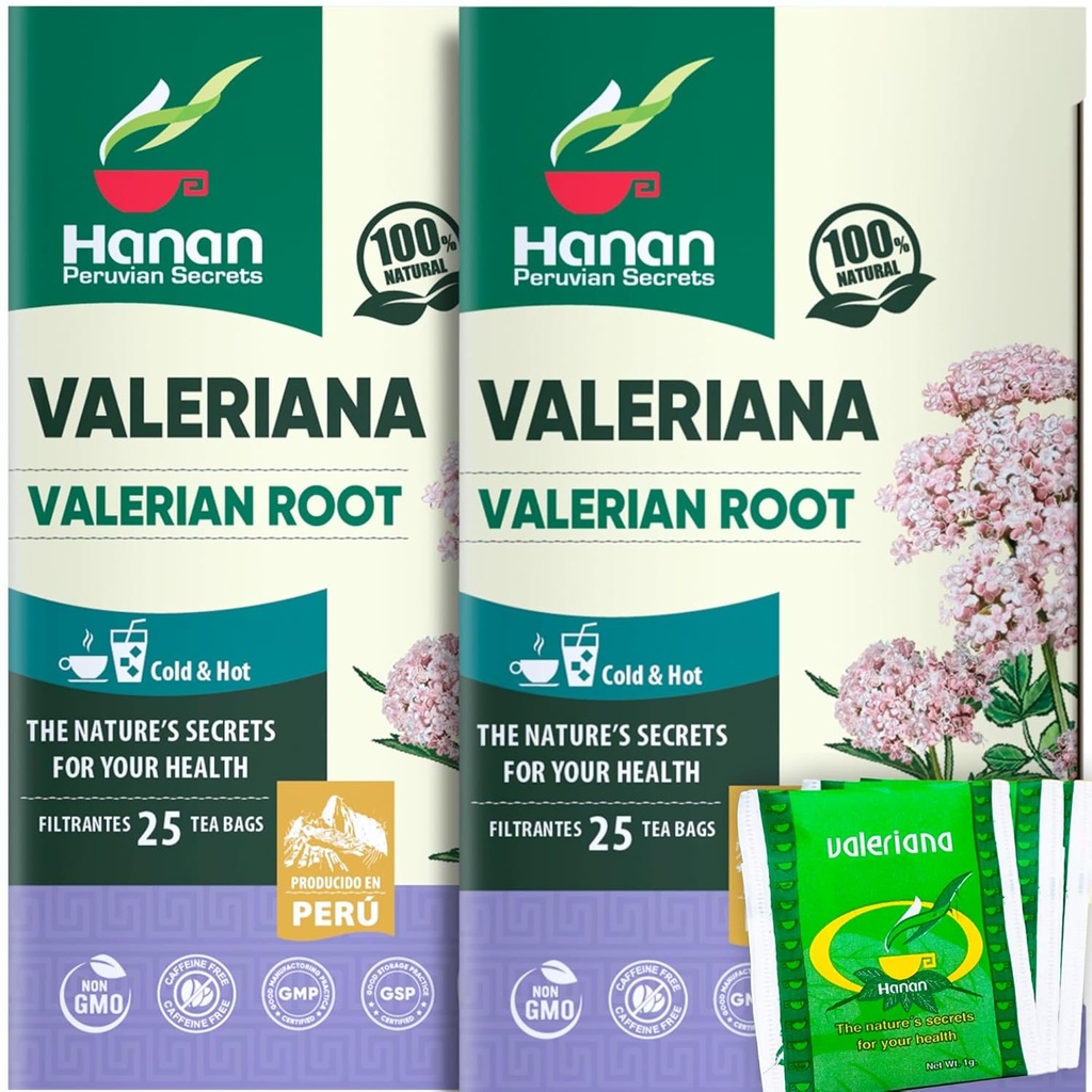 Hanan Valerian Root Tea for Bedtime (50 sáčků) - Te de Valeriana, Herbal Calming Night Tea - 100% čistý, Caffeine- Free, Non- GMO, Herb z Peru - Balení 2 krabic