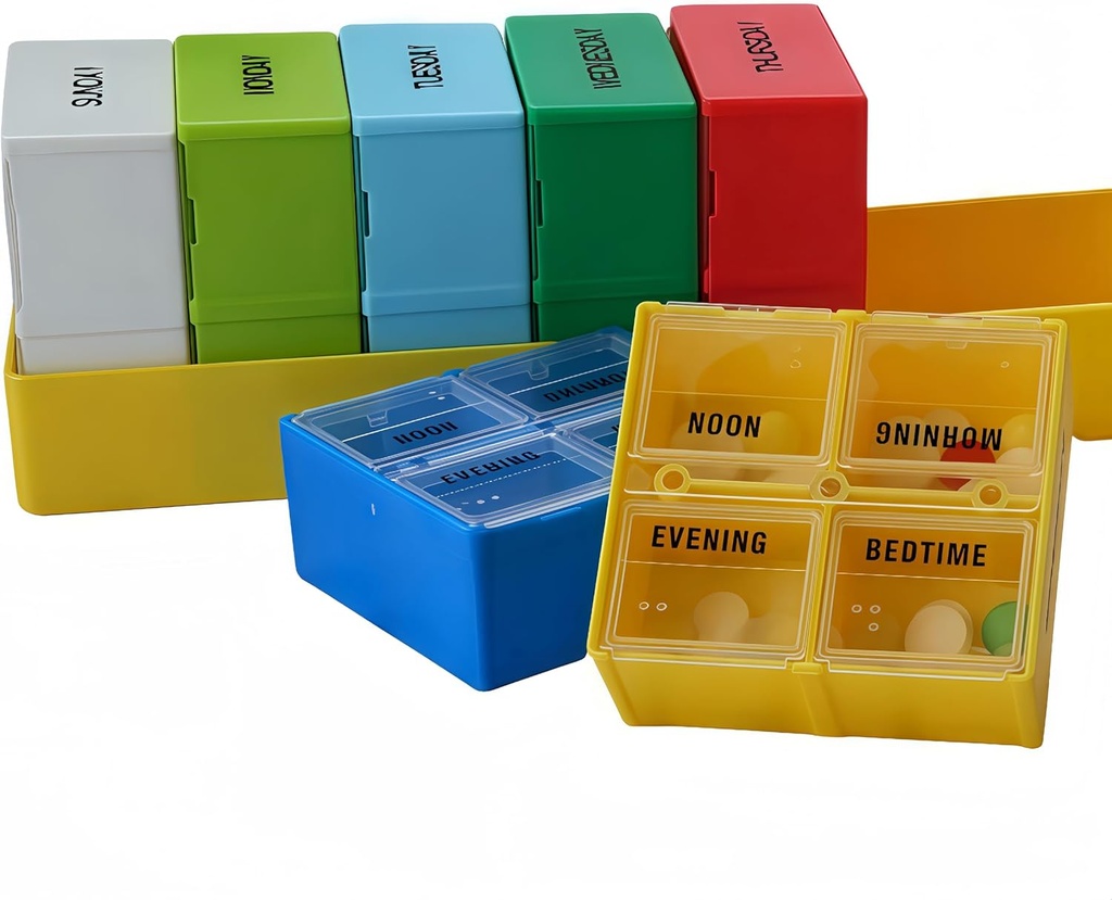 Velký pouzdro na týden, 7- denní pouzdro na pero Compartments, Pill Organizer 4 Times Daily, 4- A- Day Pill Container, Secure Compartments, 7.8 x 2.3 x 2.3 in, žluté