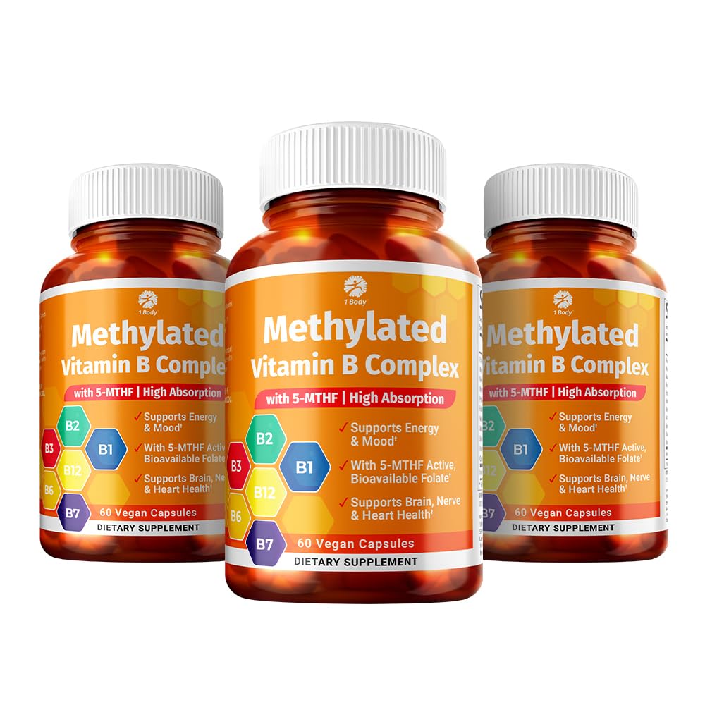 1 Tělesný vitamin B Complex 3 Pack - Biologicky dostupné B vitaminy s 5- MTHF folátem, B1, B2, B5, B6, Methyl B12, Niacin & Biotin - Non- GMO, Vegan, Made in USA