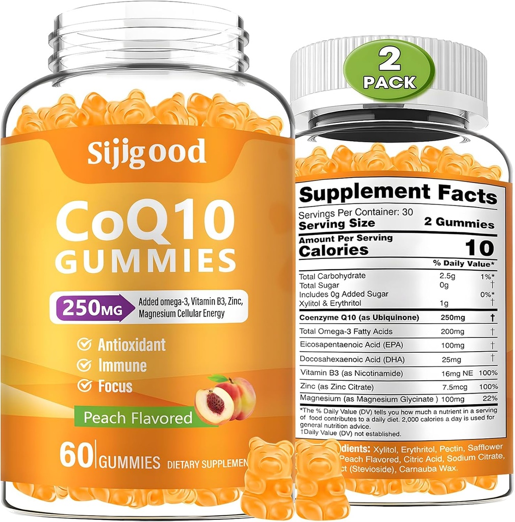 2 Pack CoQ10 Gummies, Plus Omega-3, Vitamin B3 a zinek, hořčík, 5X vysoce absorpční koenzym Q10 doplňky, q10 pro zvýšení buněčné energie, potentní antioxidant & Brain, Peach Flavor, 120 Cts