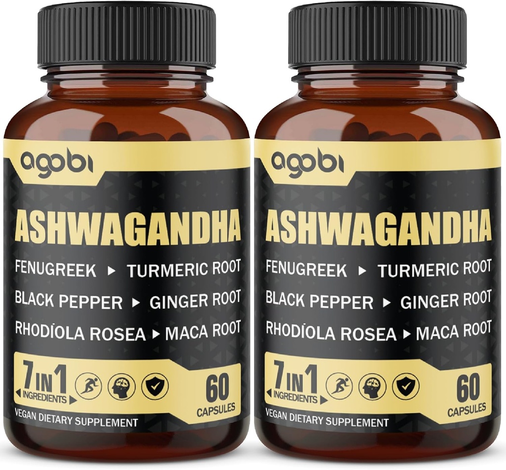 2 Balení 60 Kapsle - 8050mg Ashwagandha Extract Dodatek - 7in1 s Fenugreek, Maca, Kurkuma, Rhoddiola, Ginger & Black Pepper - Spirit, Imunity & Energy Support - 4 Měsíční dodávky