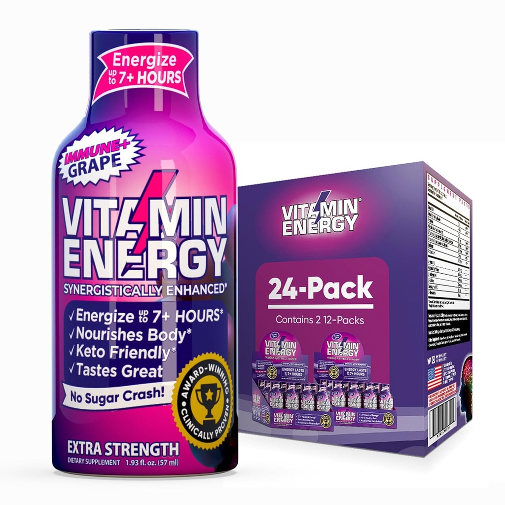 Vitamin Energy Imunní + Extra Síla Energy Shot Grape 24 Pack, 260mg přírodní kofein, B-Vitamíny, Citicolin, zelený čaj, Imunita & Focus Support, Nulový cukr, gluten- Free 1.93 fl oz