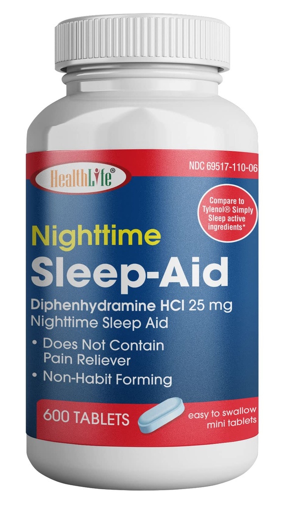 HealthPharma Nighttime Sleep- Aid, Difenhydramine HCL Caplets, 25 mg (Blue), 600
