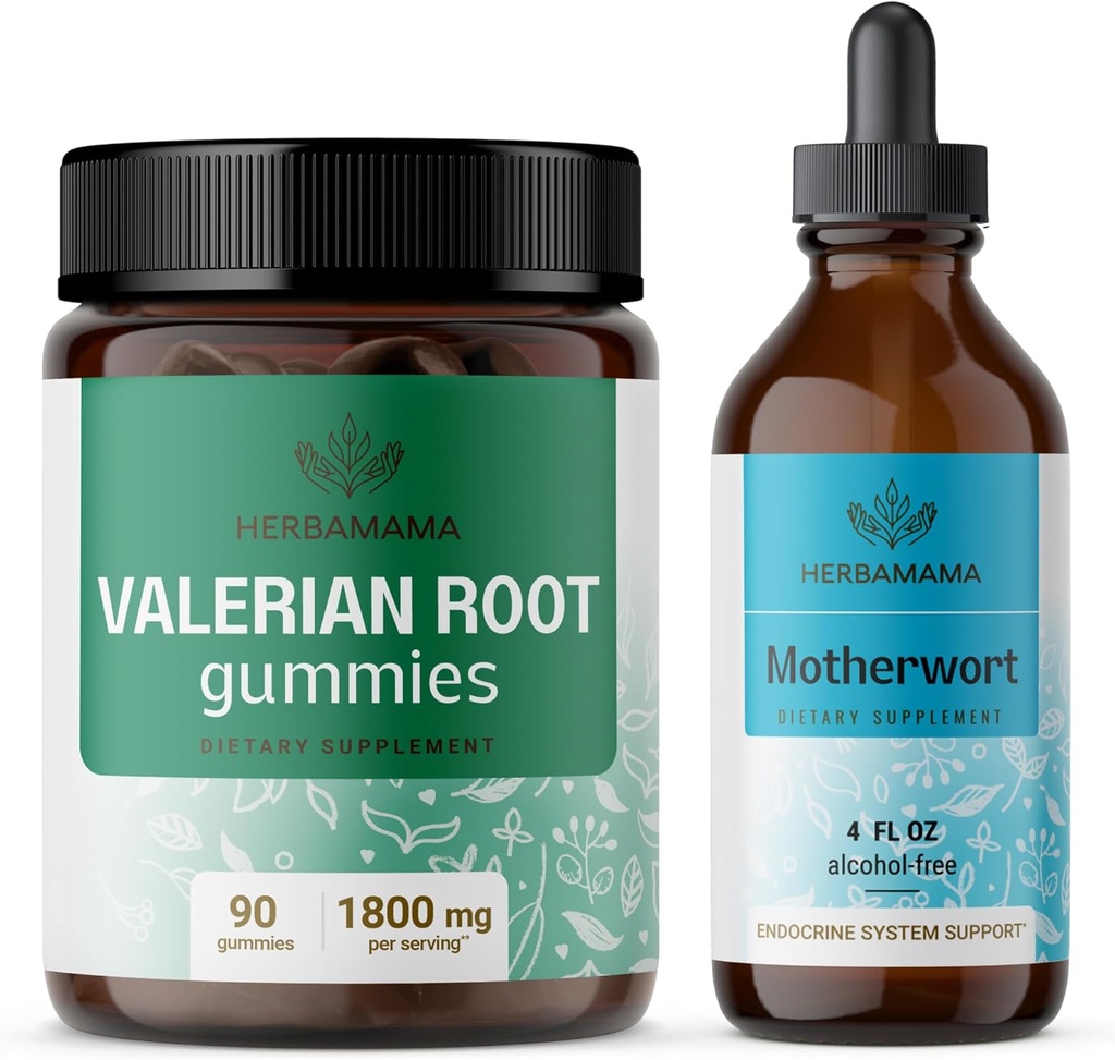 HERBAMAMA Valerian and Motherwort Kit - Bundle of 1800 mg Valerian Root Gummies & Motherwort Liquid Drops - Vegan, Non- GMO, Želatina & Alcohol- Free - 2 Pack