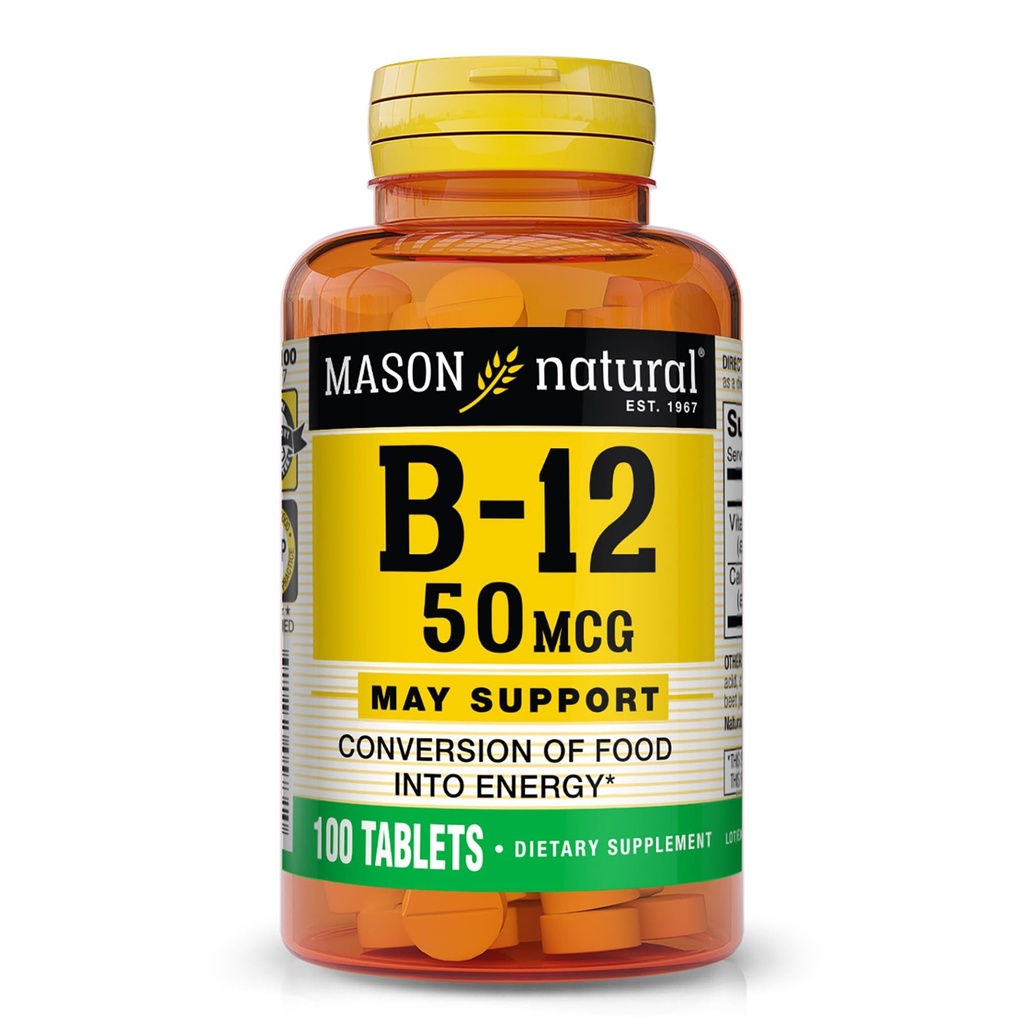 MASON NATURAL vitamin B12 50 mcg s vápníkem, 100denní dodávka, dodatek stravy k podpoře přírodních energetických úrovní, 100 tablet (balení po 1)