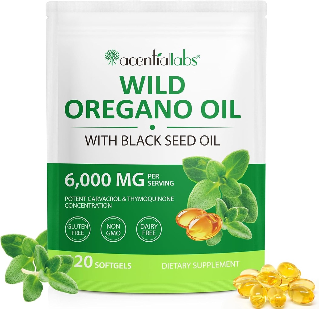 Olej Oregano Softgels 6000mg per Serving - Oil Oregano s černým semenným olejem - Potent Carvacol & Thymoquinone PHAR124; Imunitní podpora, Digestive Health & Antioxidant PHAR124; Non- GMO, gluten- Free, Dairy- Free