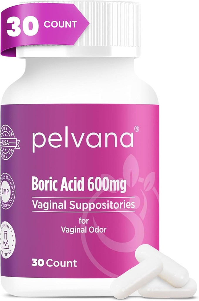 Suppository kyseliny borité Pelvana pro ženy 30 Počet - pro Vaginální zápach & Freshness, Hygiena a Wellness - Laboratoř s 13 stranami ověřená & Lahvička v USA - Ženské Zdravotní zápach Řešení