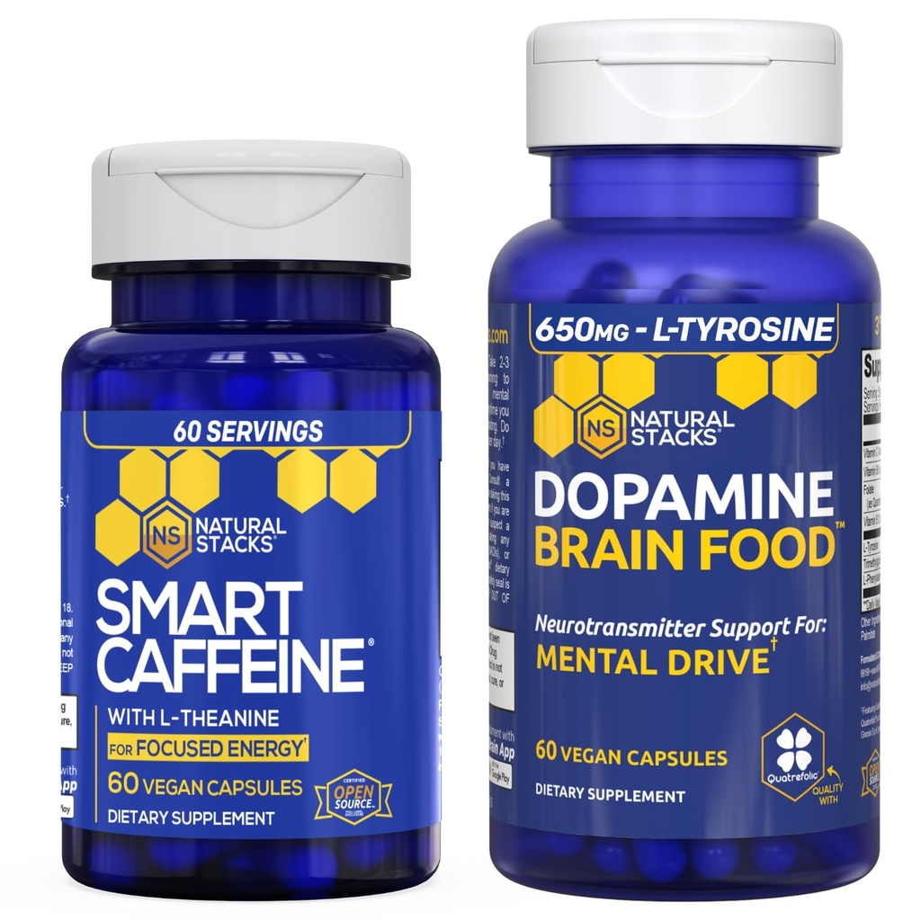 NATURAL STACKS Smart Caffeine + Dopamine Brain Food Bundle - Podporuje energii, Focus & Mental Drive * - 120 Celkem Kapsle