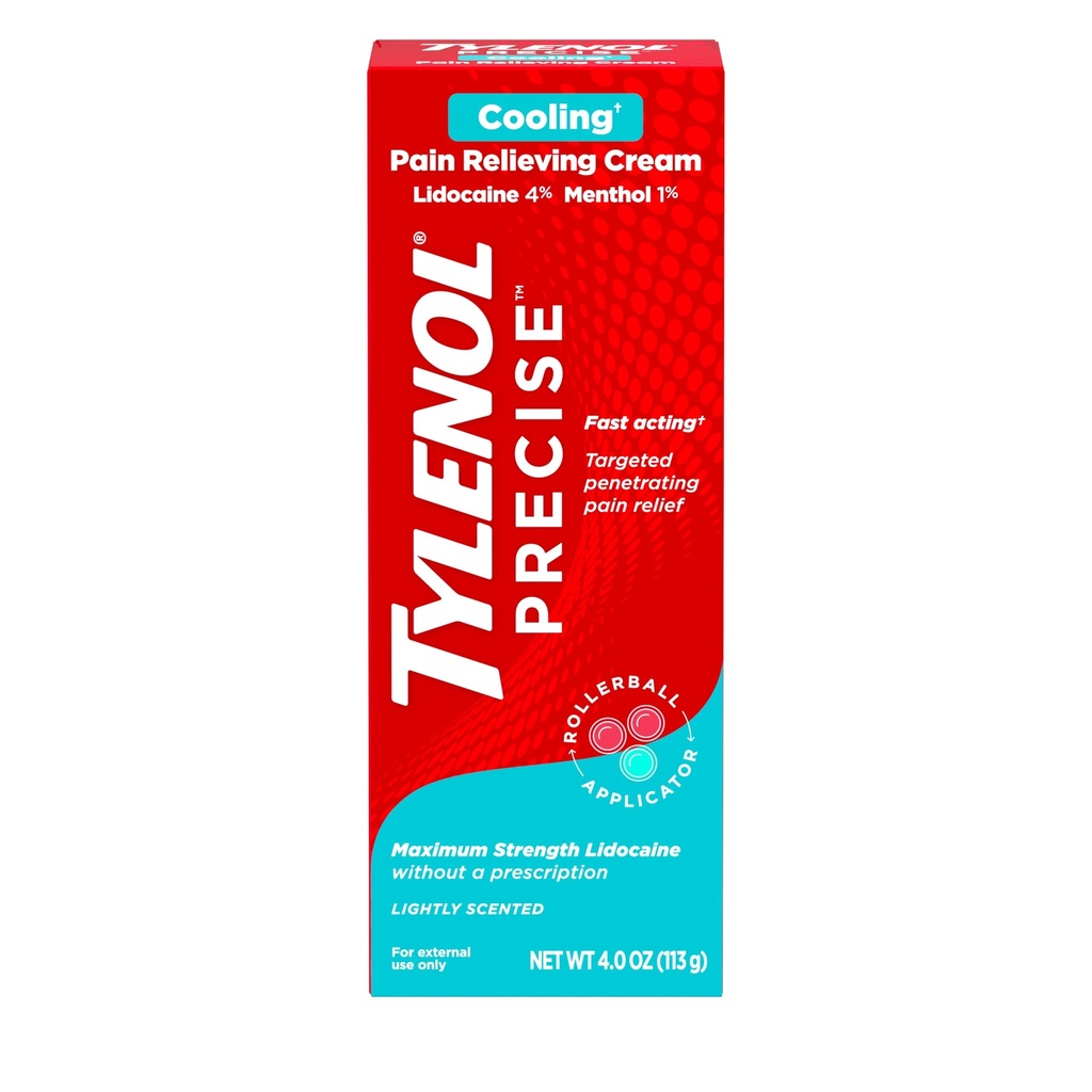Tylenol Precision Cooling Numbing Cream, Maximální síla 4% Lidokain & 1% Menthol Topical Angesic, Pain Relief Cream for Back, Muscle & Joint, Rollerball Applicator, Fast- acting, Light Scent, 4 oz