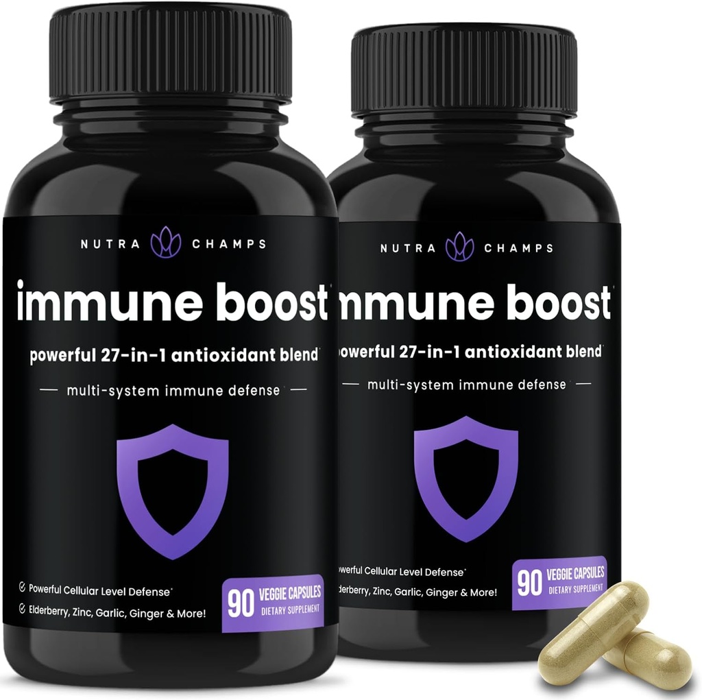 NutraChamps 27 v 1 Doplněk pro imunitní podporu, 90 Imunitní obranné kapsle, 1000mg vitaminu C, 5000 IU D3, Elderberry, Zinek, 1 bilion CFU Probiotika & Více (Balení po 2)