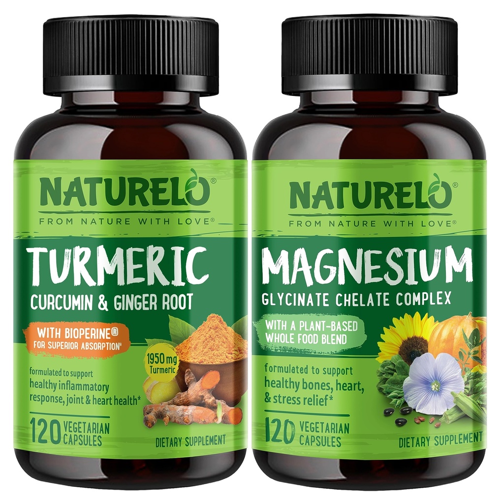 NATURELO Tumerický kurkumin, Společná podpora rostlin, Glycinát hořečnatý, 200 mg hořčíku - bez glutenu, bez GMO - 120 tobolek