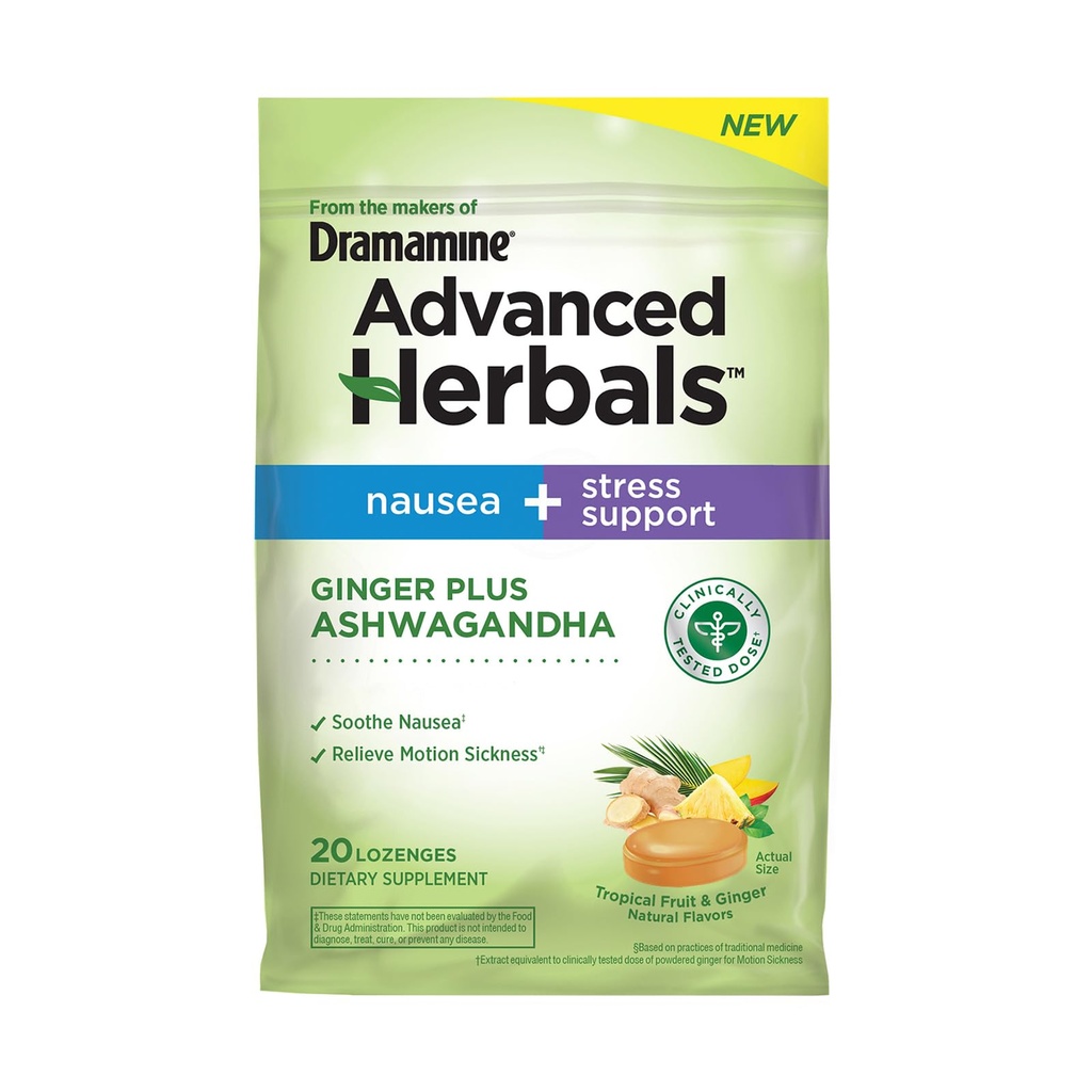 Od tvůrců dramaminu, Pokročilé Herbals Ginger & Ashwagandha Lozenges, pro Nausia Relief & Stress Podpora, Tropické ovoce a Ginger Flavor, 20 Počet