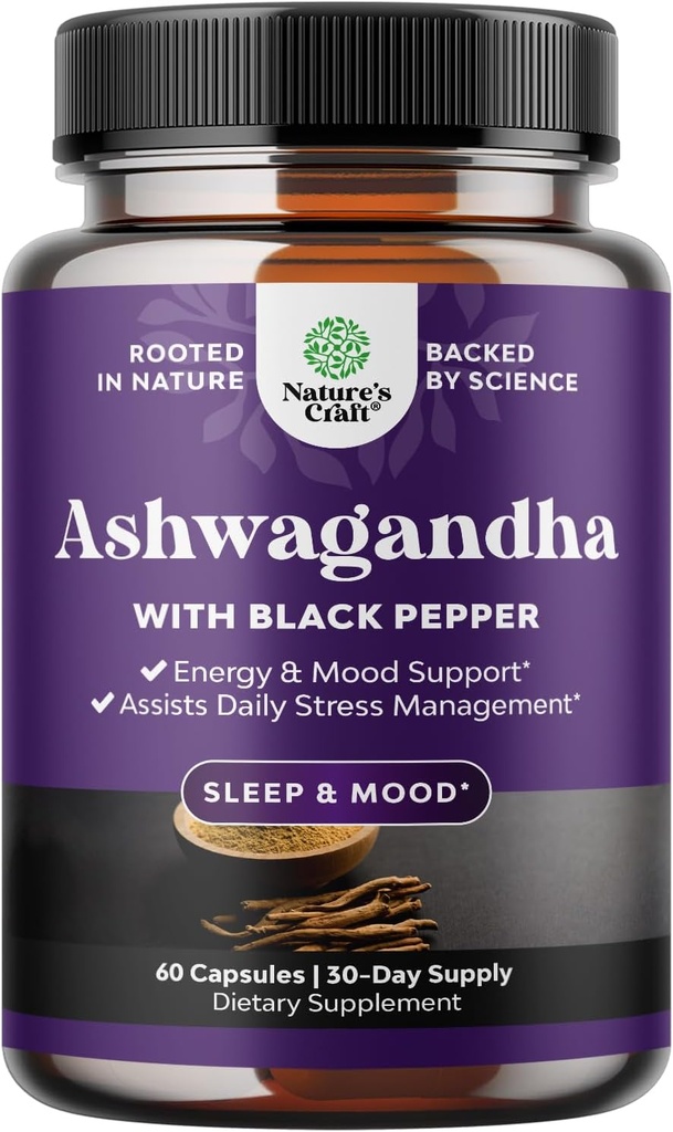 Organic Ashwagandha Root Powder 60 Kapsle - Ashwagandha s černým pepřem Extract Práškové doplňky pro relaxaci, spánek a imunitní podporu pro ženy a muže - Organic Whitania Somnifera Root Supplements