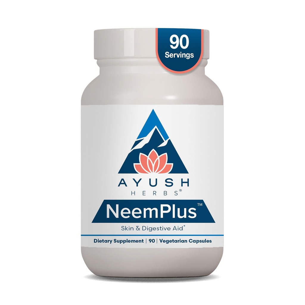Ayush Herbs Neem Plus - Dědičné zdraví pro ženy a muže, Gut Support Supplement pro zdraví žaludku a kůže, Imunitní podpora - 90 Vegetariánské Kapsle (1 Počet)