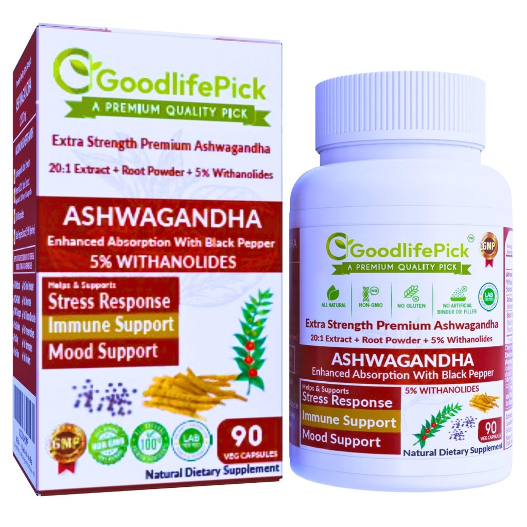 Premium Ashwagandha Kapsle s Black Pepper. Výkonné 5% Wthanolides z Ashwagandha Powder & 20: 1 Extract 90 ct. Natural NonGMO NO Rice Powder NO Filler