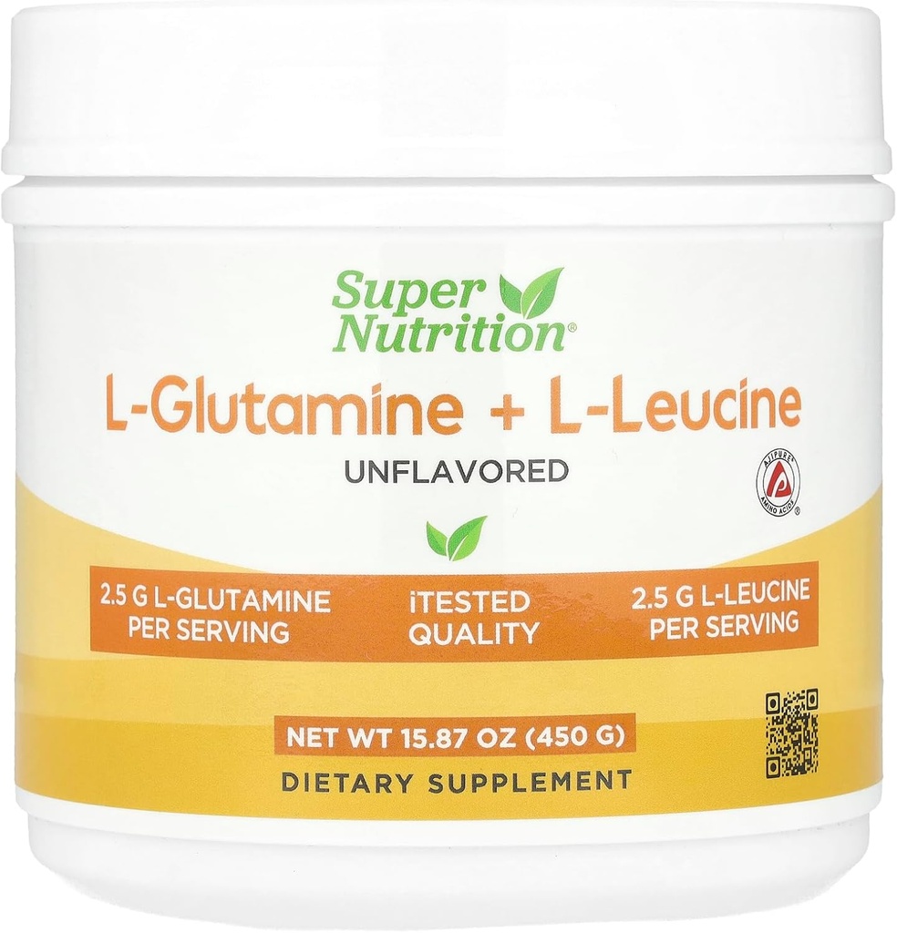 Super Nutrition L- glutamin + L- leucin, bez příchutí, 15.87 oz (450 g)
