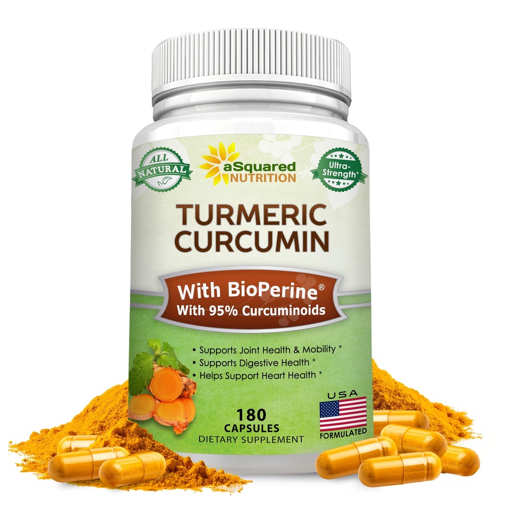 aSquared Nutrition Turmeric Curcumin 1300mg s BioPerine Black Pepper Extract - 180 Kapsle - s 95% Curcuminoidy, 100% přírodní tumerické kořenový prášek doplňky, čisté a společné Stiffness pilulky