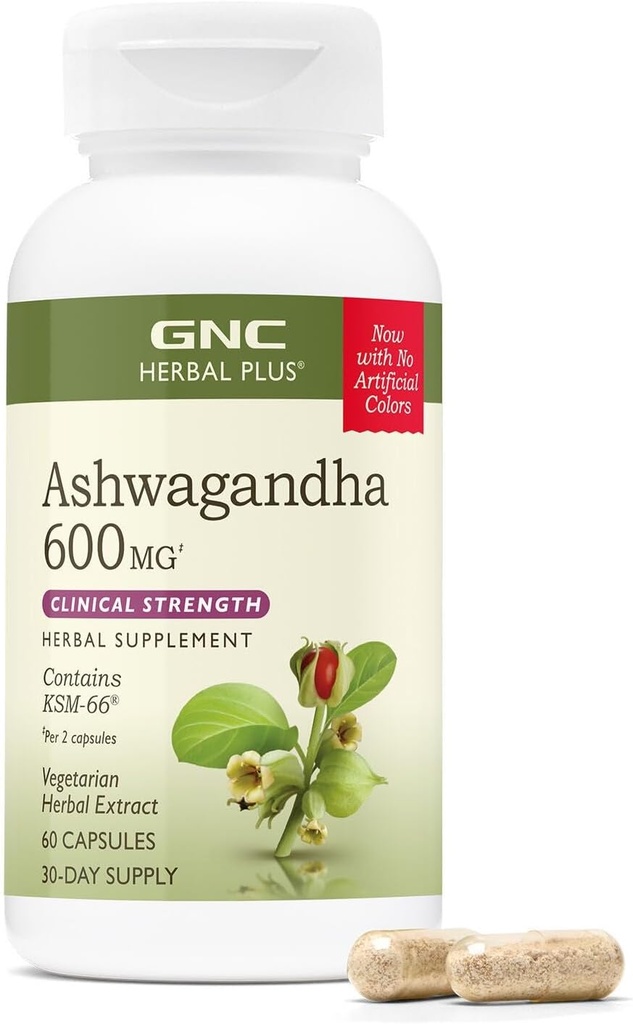 GNC Herbal Plus Ashwagandha 600mg Dodatek, Klinická síla, Vegetariánská, Stress Relief Podpora, 30 Služeb