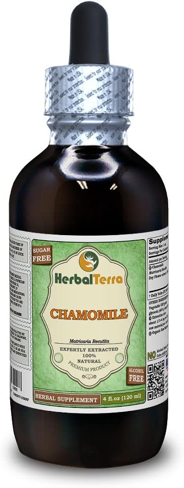 Heřmánek (Matricaria Recutita) Glycerit, Organic Sured Flowers Alcohol- Free Liquid Extract (Značka: HerbalTerra, Proudly Made in USA) 4 fl.oz (120 ml)