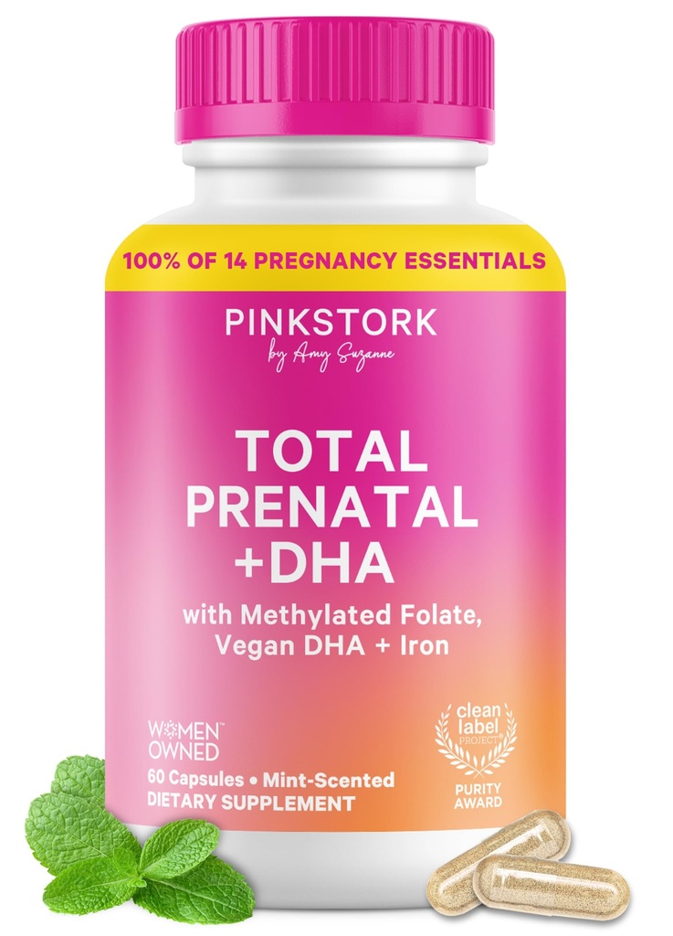 Pink Stork Celkem Prenatální Vitamíny s DHA, Folát, Železo, Cholin, a vitamín B12 - Předpokladem výživa - Prenatals pro ženy, těhotenské esence - Mátová esence, 60 Kapsle, 1 měsíc Dodávka