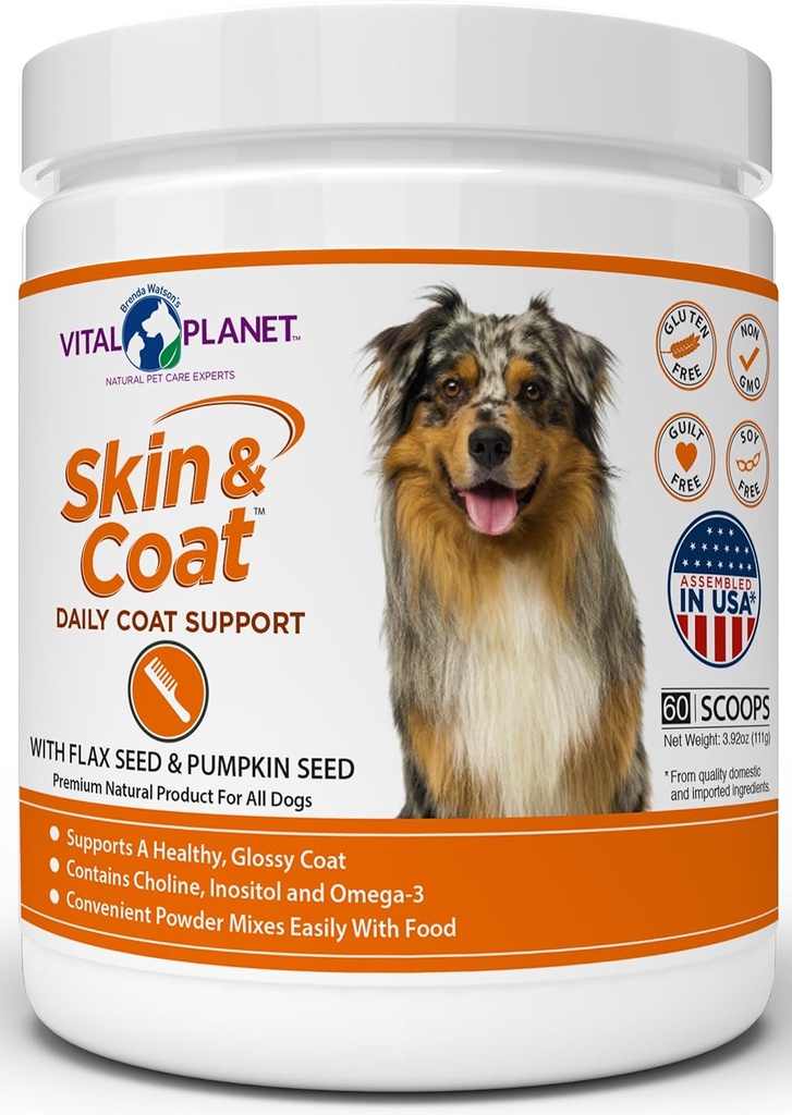 Vital Planet - Kožní a nátěrový prášek dodatek pro psy s Choline, Inositol, dýně, Flax a Omega33 Oleje na podporu měkké lesklé zdravé pláště a pro sezónní alergie - 60 Scoops, 111g, 3.92oz