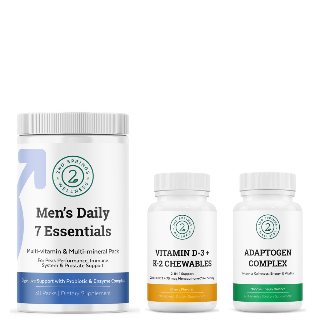 Men 's Daily 7 Essentials, Adaptogen Complex & Vitamin D3 + K2 Chewables Bundle