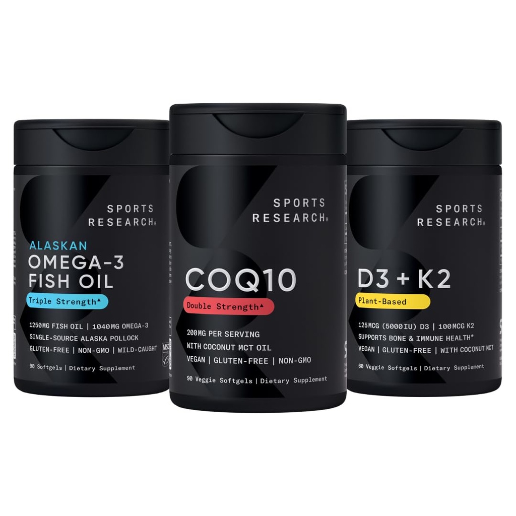 Sports Research 1250 mg Omega 3 Bezedný rybí olej z jednoúčelového divokého aljašského pollocku, CoQ10 (200mg) Enhanced w / Coconut MCT Olej pro lepší absorpci a 5000iu vitamin D se 100mcg Mk7 vitamin K