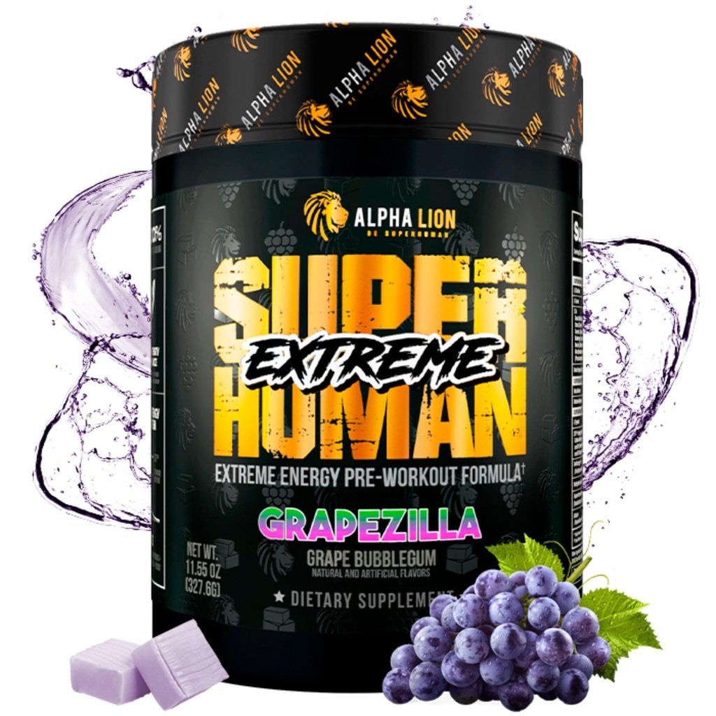 ALPHA LION Superhuman Extreme High Stim Pre Workout Powder, Beta Alanin, L- Taurin & 356mg Tri- Source Caffeine for Setrvalá energie, Oxid dusičný & Citrulline for Pump (21 Servings, Grape Flavor)