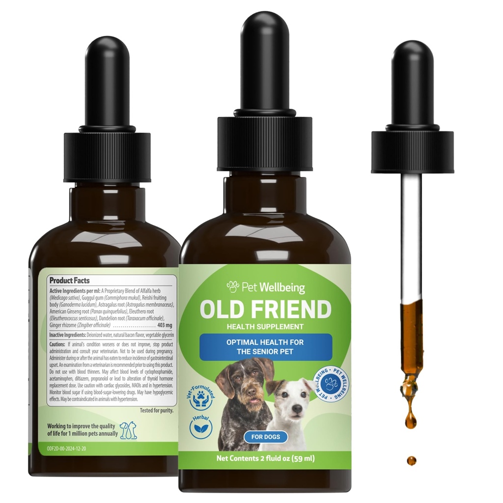 Pet Wellbeing Old Friend for Senior Dogs - podporuje imunitní systém zdraví, společná mobilita, zdravé energetické úrovně, Alfalfa, Reishi - Veterinarian- aplikovaný bylinný dodatek 2 oz (59 ml)