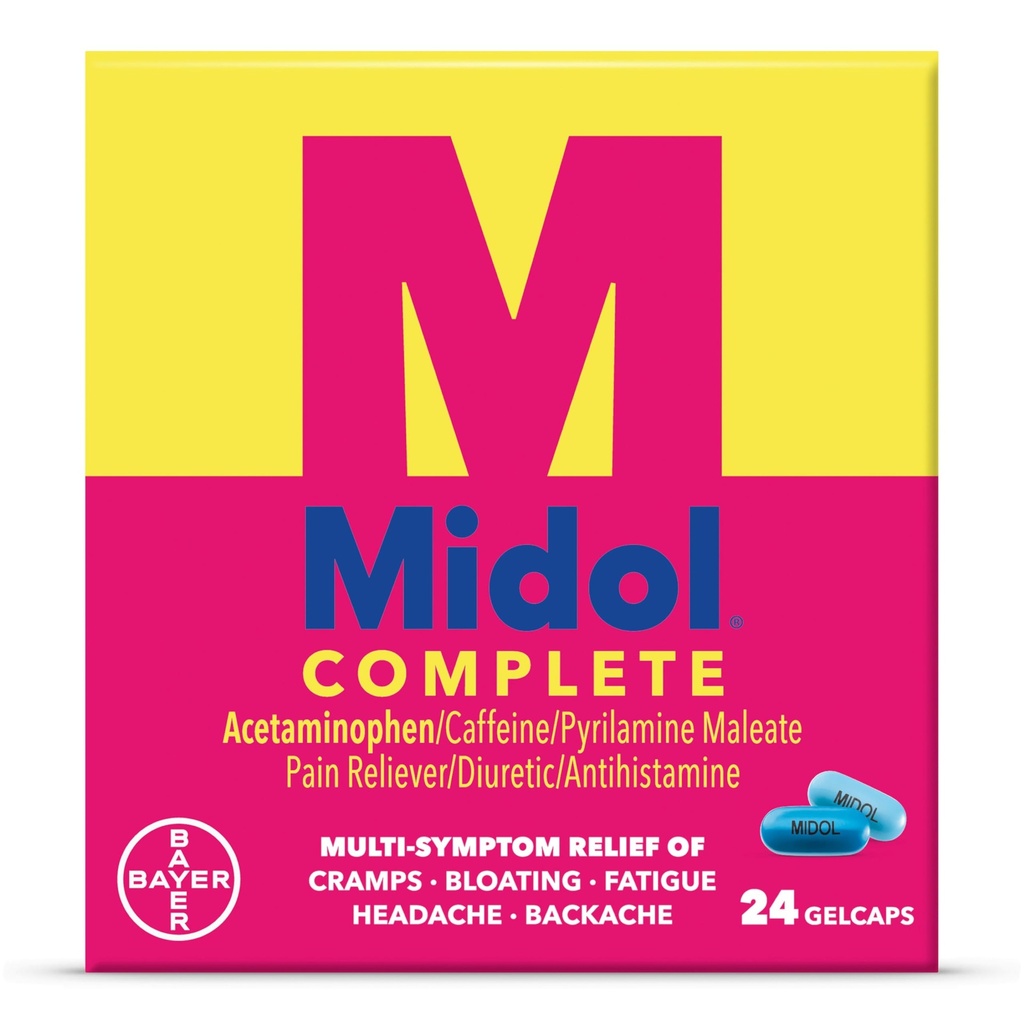 Midol Kompletní Gelcaps 24ct: Midol Kompletní Menstrual Pain Relief Gelcaps s Acetaminophen pro menstruační příznaky, PMS Relief, a Period Cramp Relief - 24 Počet balení květen Vary)