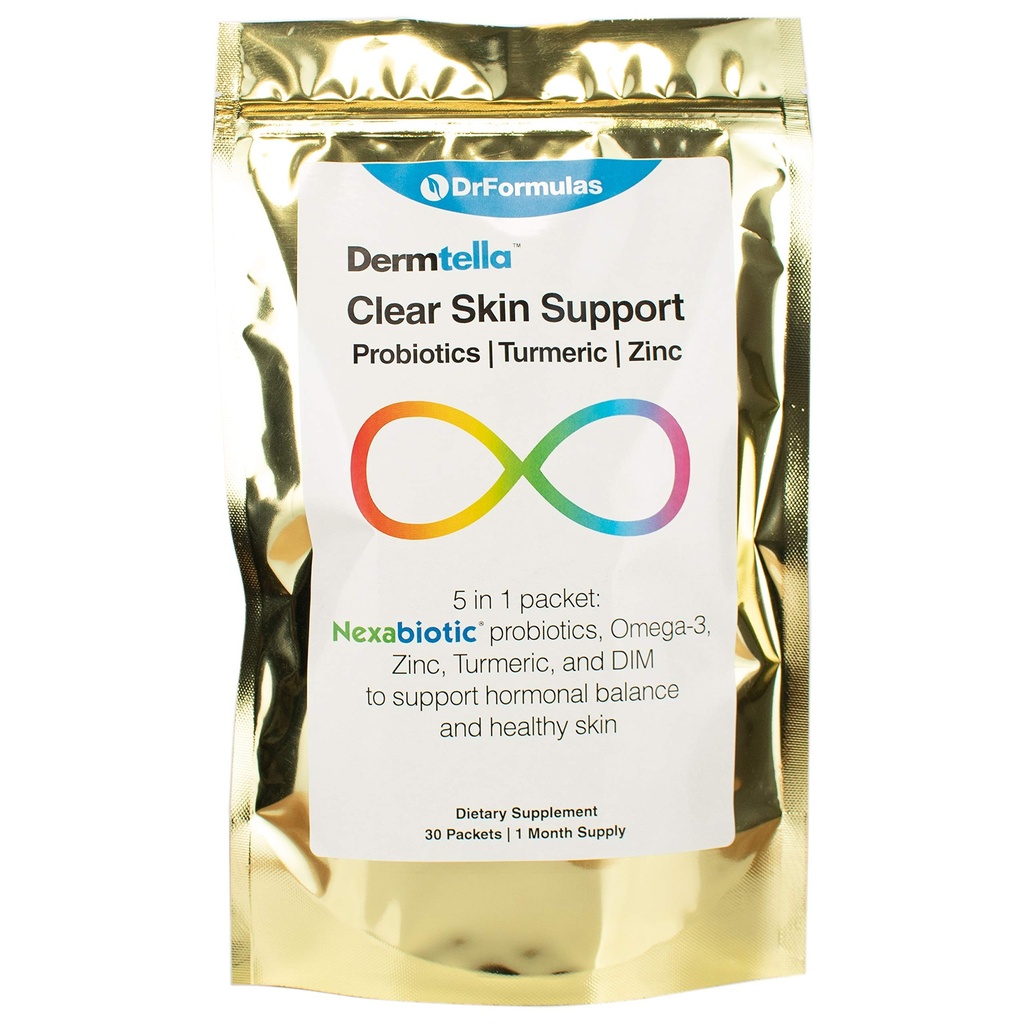 Nápoje Dermtella Clear Skin Support Balení 124; Prášky se zinem, Probiotika & DIM 124; Doplňky pro ženy, Teens & Men s nexabiotic Probiotics, Turmeric, Rybí olej, 1 měsíc Dodávka