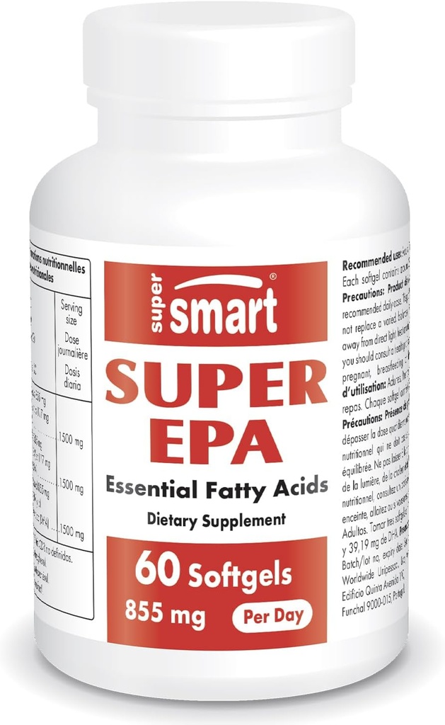 Supersmart - Super EPA 855mg za den (vysoká síla) - EPA Rybí olej dodatek - Přírodní Omega 3 koncentrát - EicosaPentaenoic Acid Acid Sp. 124; Non- GMO & gluten zdarma - 60 Softgels