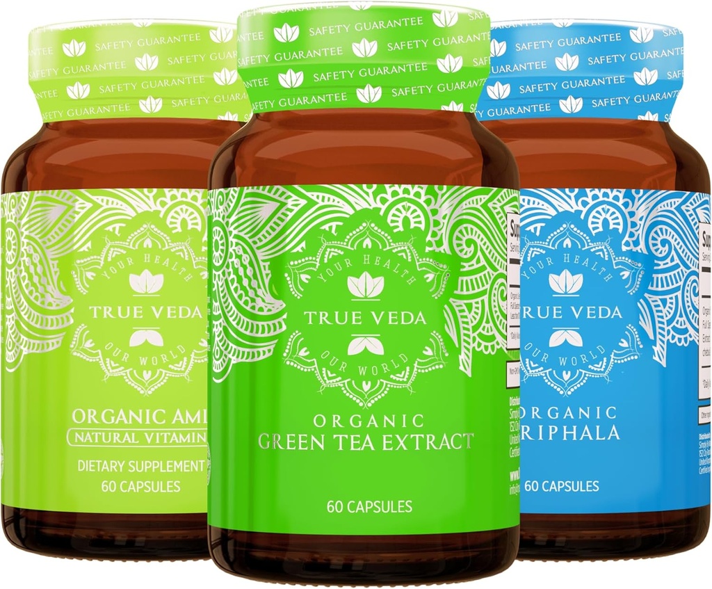 True Veda Digestion and Detox Bundle USDA Organic CLANE124; Multi-Award-Winning CLANE124; Green Tea CLANE124; Amla with Vitamin C CLANE124; Triphala Capsules