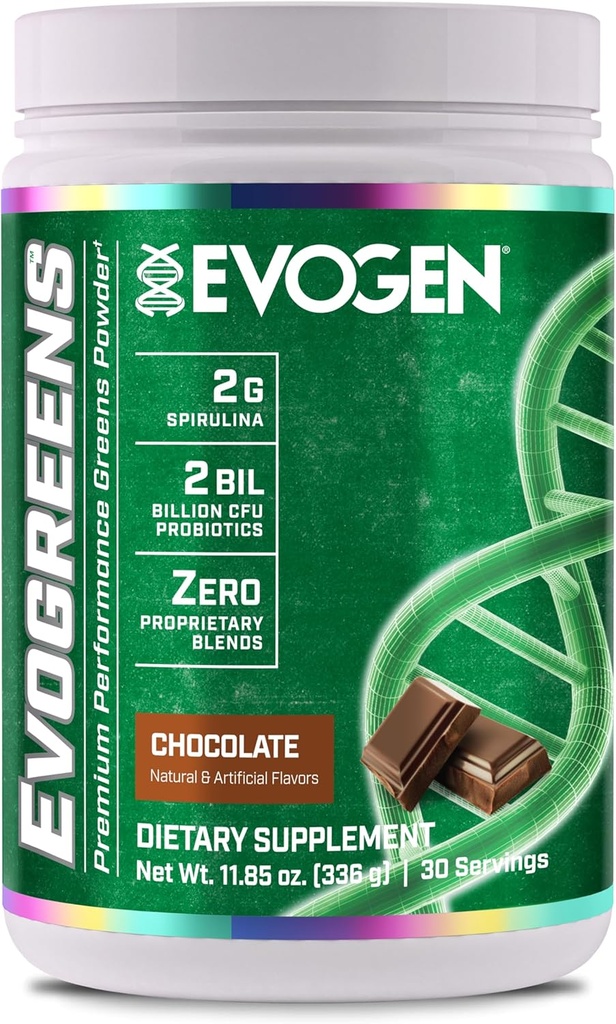 Evogen Evogreens CLANE124; Premium Performance Green Superfood, Spirulina, Granulát, Probiotika, Kale CLANE124; 30 Servings (Čokoláda, 30 Servings)