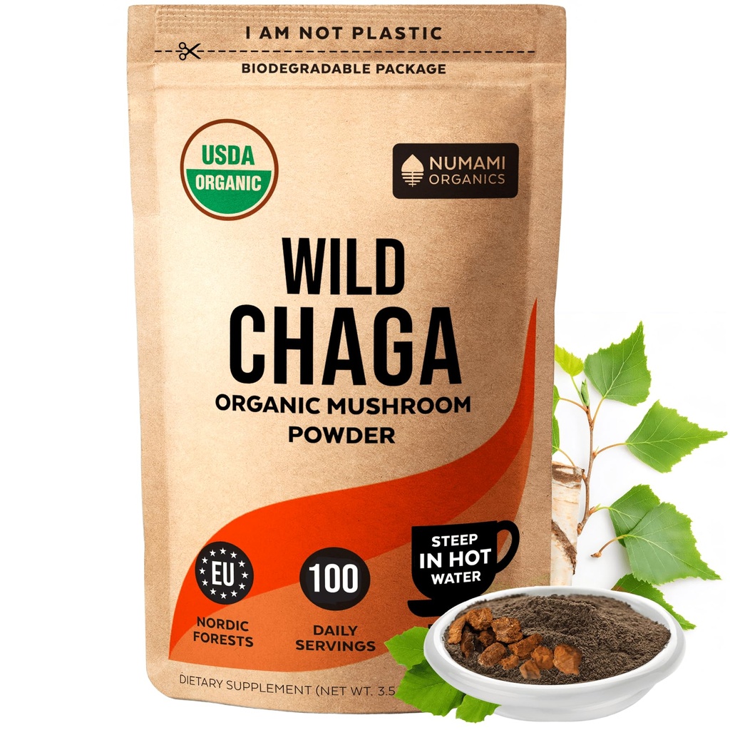 Organic Chaga Houby Powder - Fine Powder to make Chaga Tea for Imunitary Defense and More Energy, Organic Chaga is Wild Grown and Sustainable Harvested in Europe, Certified USDA Organic, 100 servingů