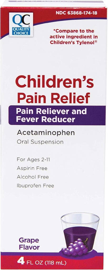 Quality Choice Children 's Pain Relief & Fever Reducer for Kids, 4fl oz Acetaminophen 160mg na 5 ml, Ibuprofen & Aspirin Free, Tekutá studená a chřipková medicína pro děti, Pravidelné OTC léky