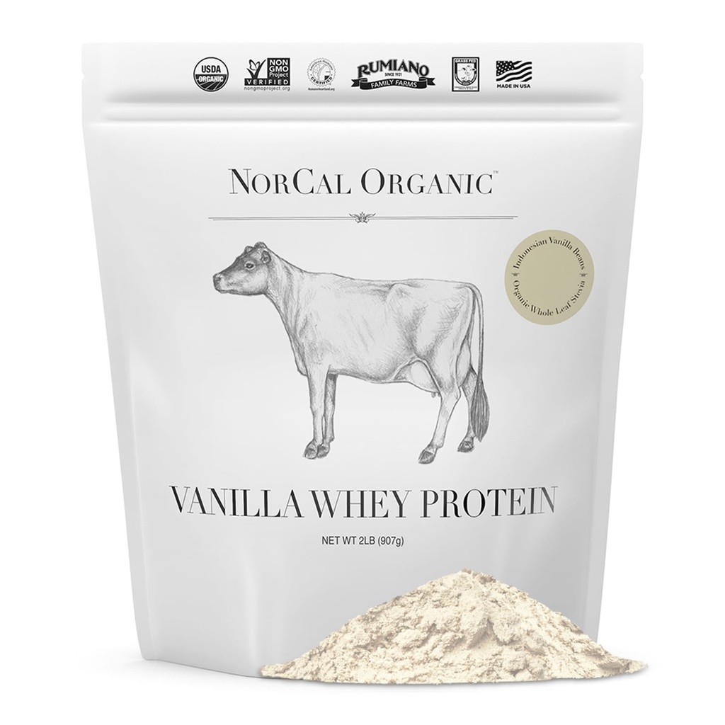 NorCal Organic Vanilla Whey Protein - 2lbs current 124; Grass- Fed, Single-Origin Vanilla curren124; Certified Non- GMO & American Humane from California Farms