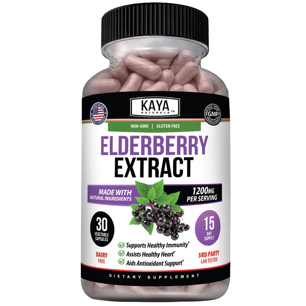 Kaya Naturals Elderberry Imunitation Support - Elderberry Extract, Rich Antioxidant Premium Vitaminy, 1200mg Imunitate System Booster Sambucus Kapsle - 30 Počet