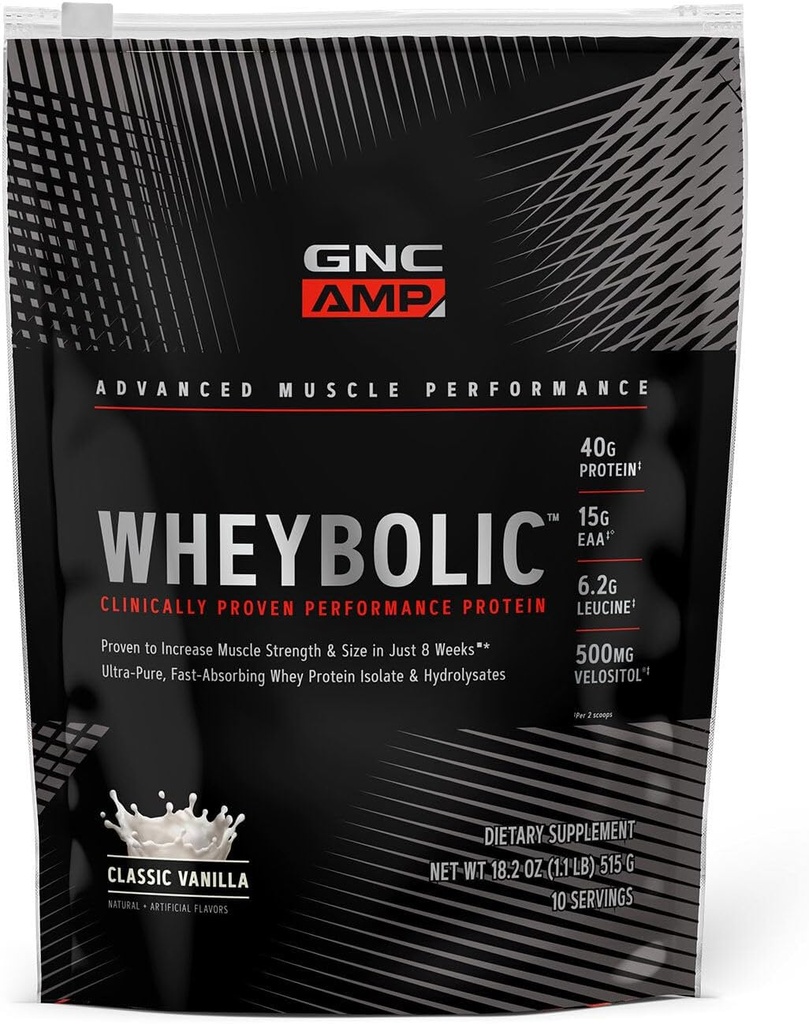 GNC AMP Wheybolic Klinicky proteinový prášek, 40 g syrovátkového proteinu, BCAA, Leucin, Zvyšuje svalovou sílu, budování svalů, třetí strana testována, gluten zdarma, Classic Vanilla, 10 Služeb