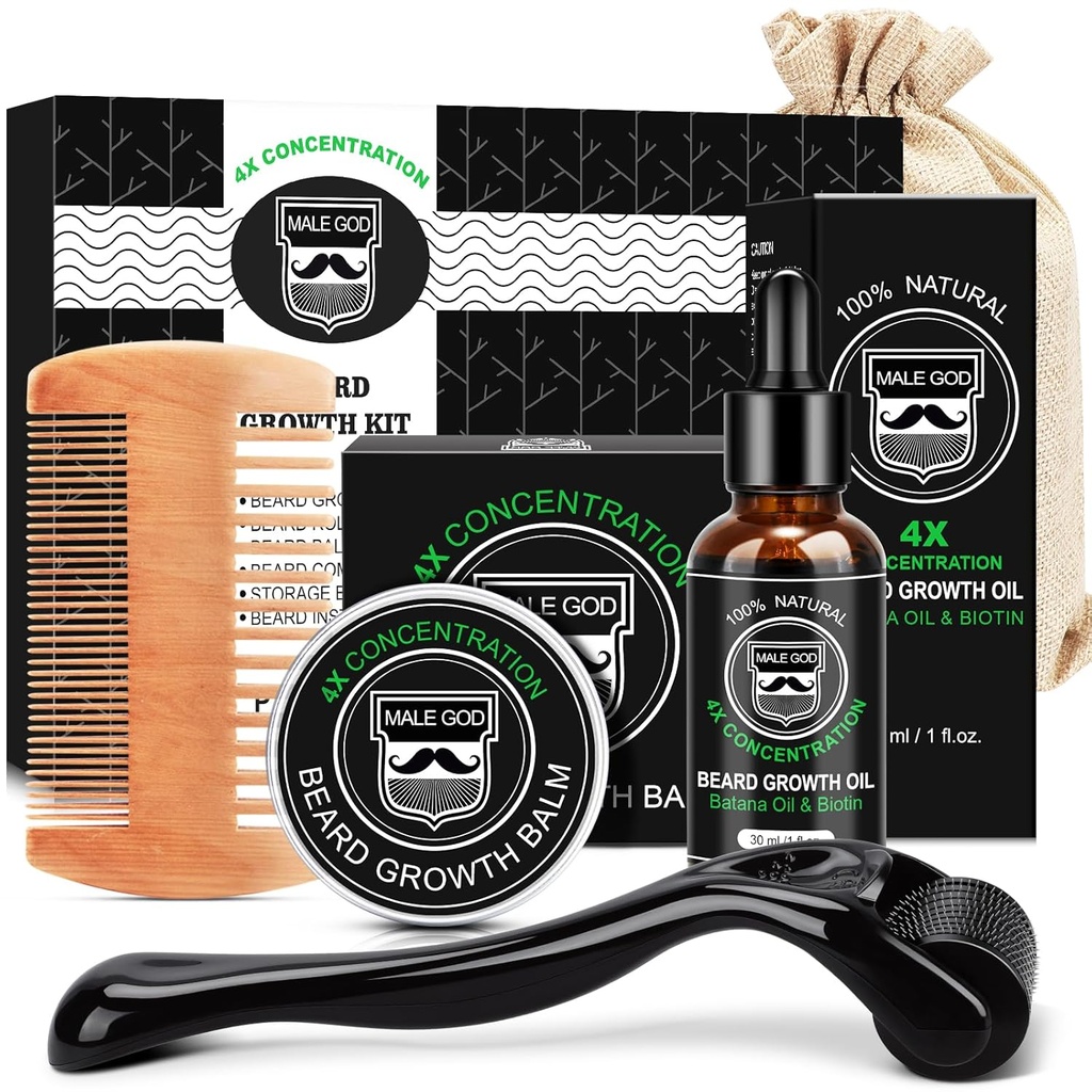 MALE BŮH Vousáč Růstový Kit W / Vousáč Růstový olej, Vousáč Balzám, Vousáč Comb, Massager pro Spot / Patchy Vousáč, Vánoční dárky pro muže