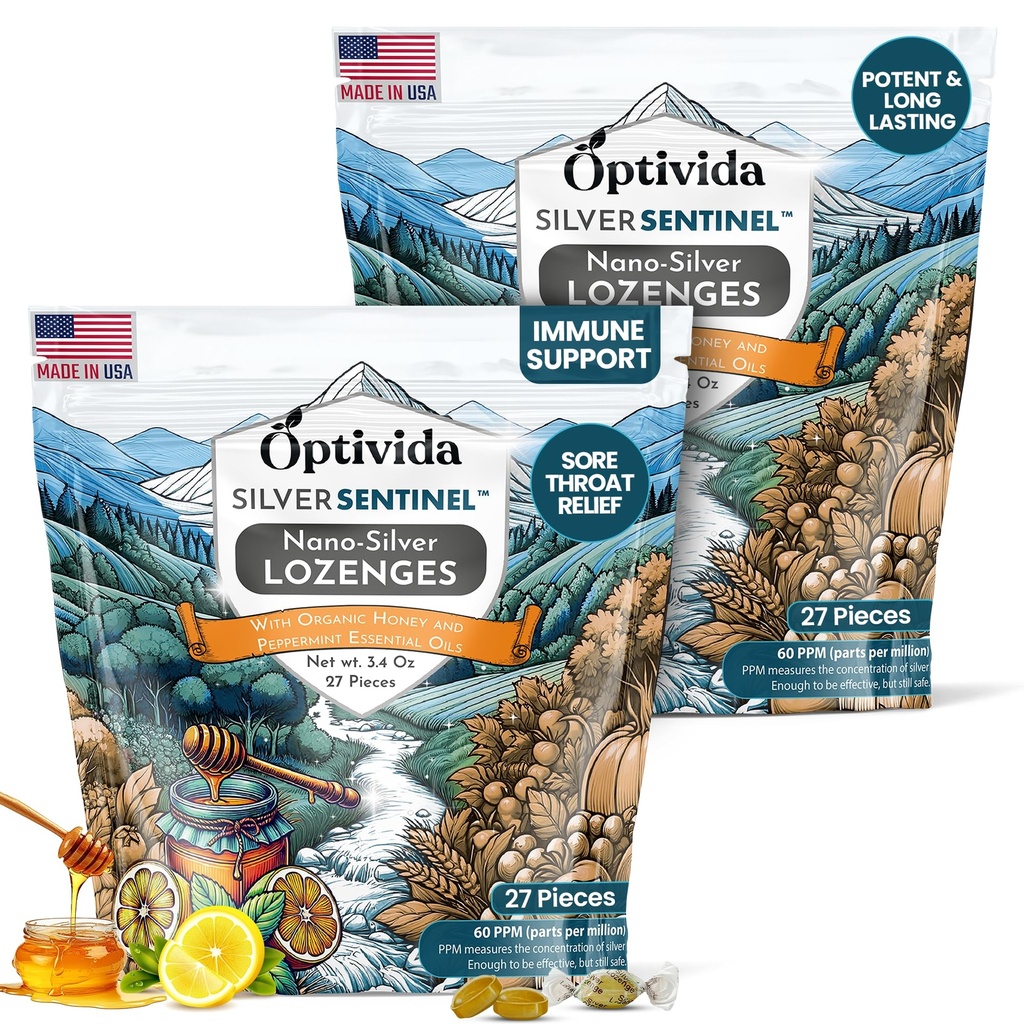 Optivida Zdraví Koloidní Silver Lozenges s Med & Lemon Oil (2 Pack) - Soothing Sore Throat Lozenges pro dospělé s Cough Relief & Fast- acting Nano Silver Formule pro imunitní podporu, 60 Ppm
