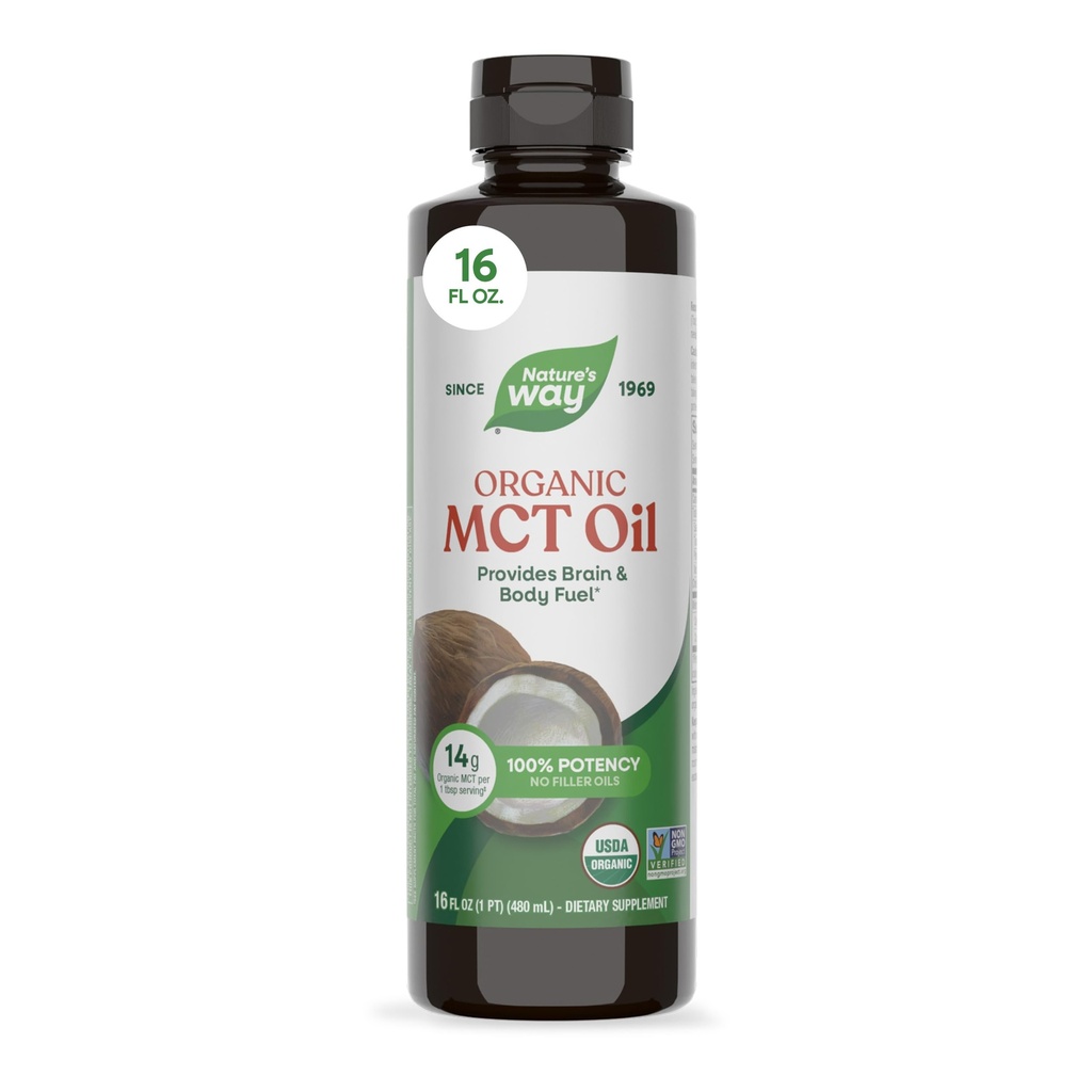 Nature 's Way Organic MCT Oil, 16 Fl Oz, Brain and Body Fuel from Coconuts *, C8 Capril Acid and C10 Capric Acid, Keto and Paleo Certified, Organic, Non- GMO Project Ověřeno
