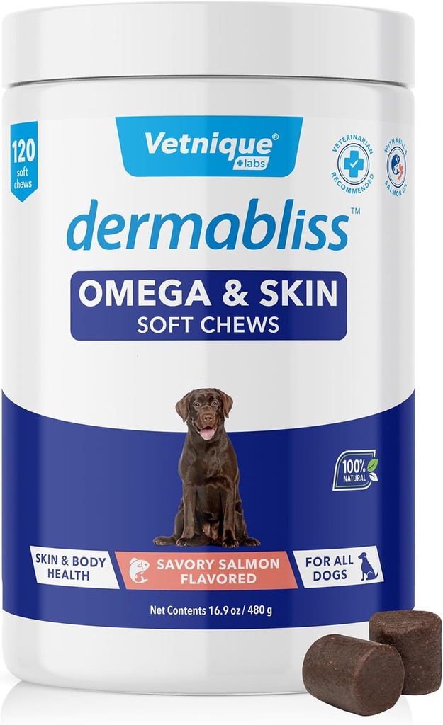 Vetnique Dermabliss Omega & Skin Health Fish Oil for Dogs Soft Chews Health Skin & Coat for Dogs with Biotin & DHA - Hickory Salmon Dog Treats (120 Count Chews)