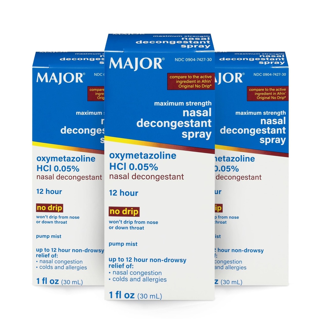 MAJOR Maximální síla Nasal Decongestant Spray, Oxymetazolin HCl 0,05% čerpadlo Mist, Non- Drowsy Nasal Spray, až 12- hodinová úleva od Nasal Congestion, nachlazení, a alergie 1 Fl. Oz. (3-Pack)