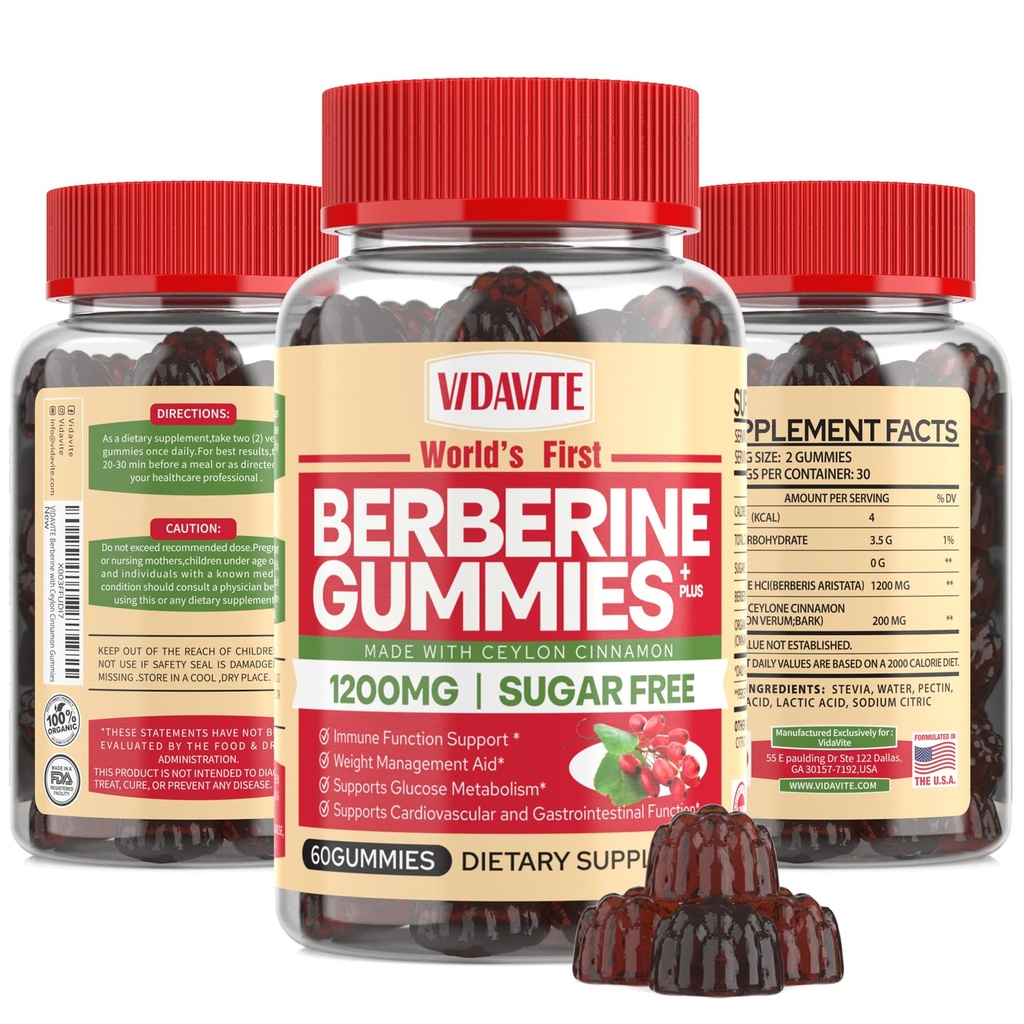 Berberine s Ceylon Skořice Gummies - bez cukru, 98% čisté a 10x Absorpce - 1200mg HCL Organic Berberine dodatek pro řízení hmotnosti, imunita, Metabolické a stravitelné zdraví (30 dní)