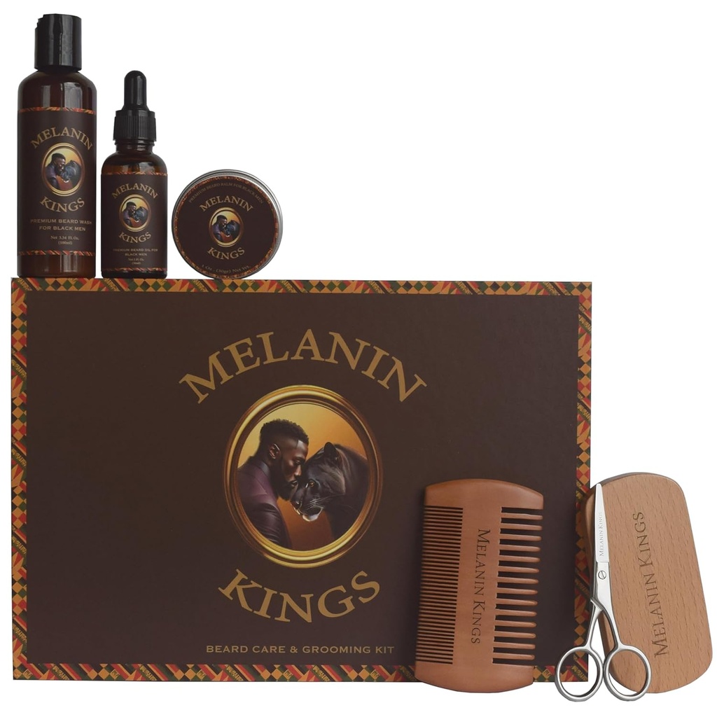 Melanin Kings Beard Grooming Kit pro muže - Paměti se starodávnými africkými přírodní ingredience current 124; Beard Wash, Oil, Balm, Brush, Comb, Trimming nůžky